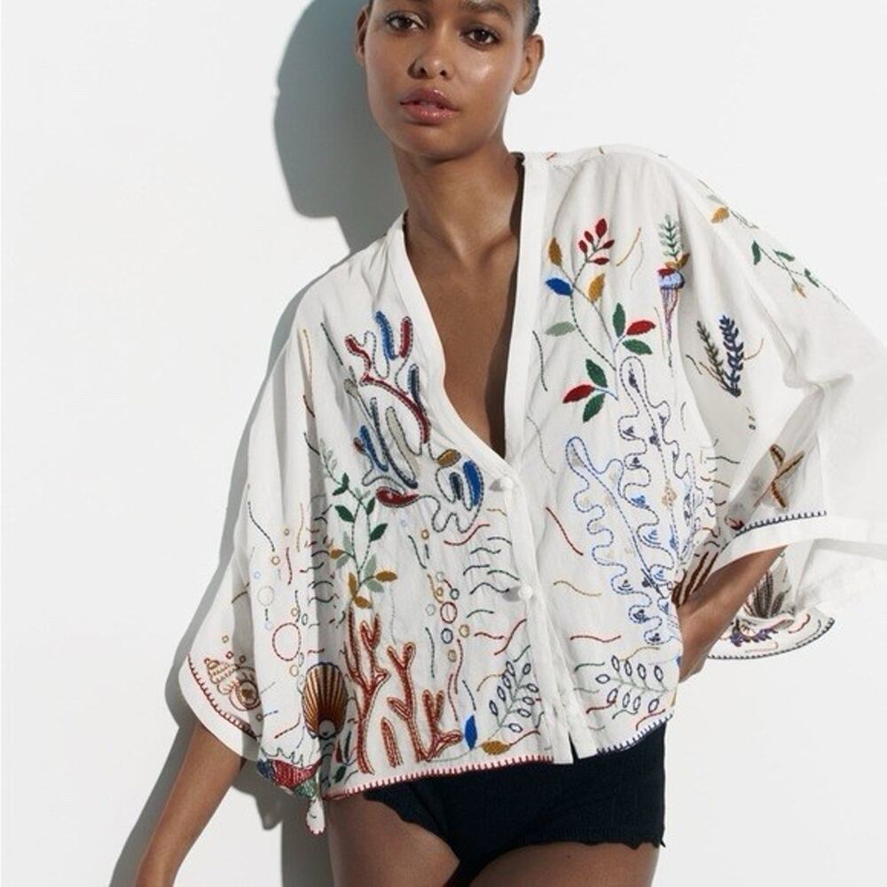 Zara Oversized Nodical Embroidered Button Down Blouse Top Size L
